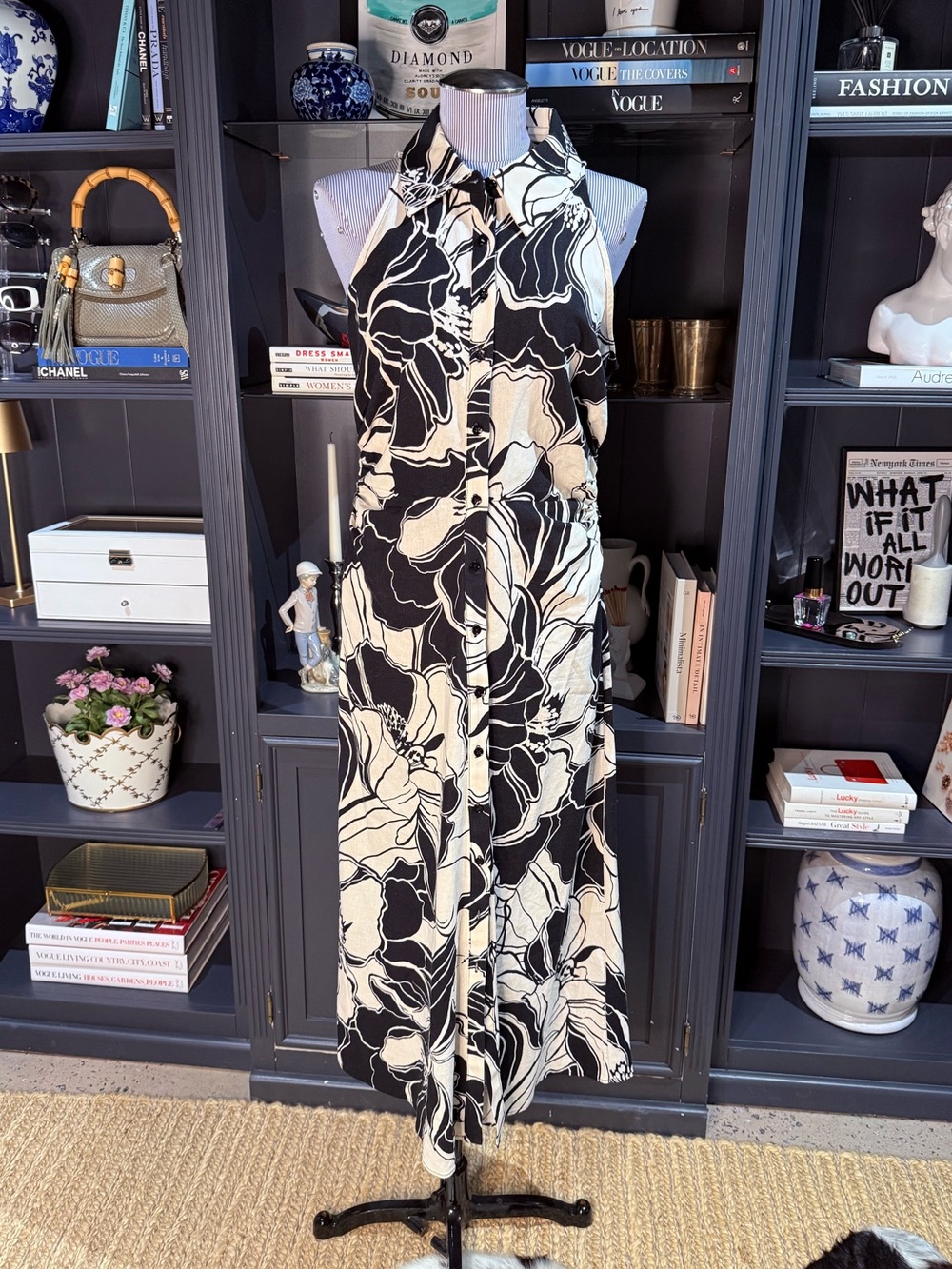 London Times Black & Beige Floral Sleeveless Maxi Shirt Dress – Size 8